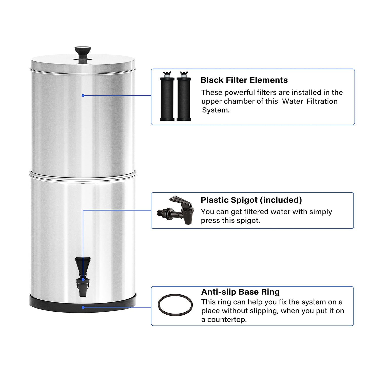 13L Stainless Steel Gravity Water Filter (Bundle) (Pair of PF-2 Fluoride + Black Carbon Filters) (Like Berkey)