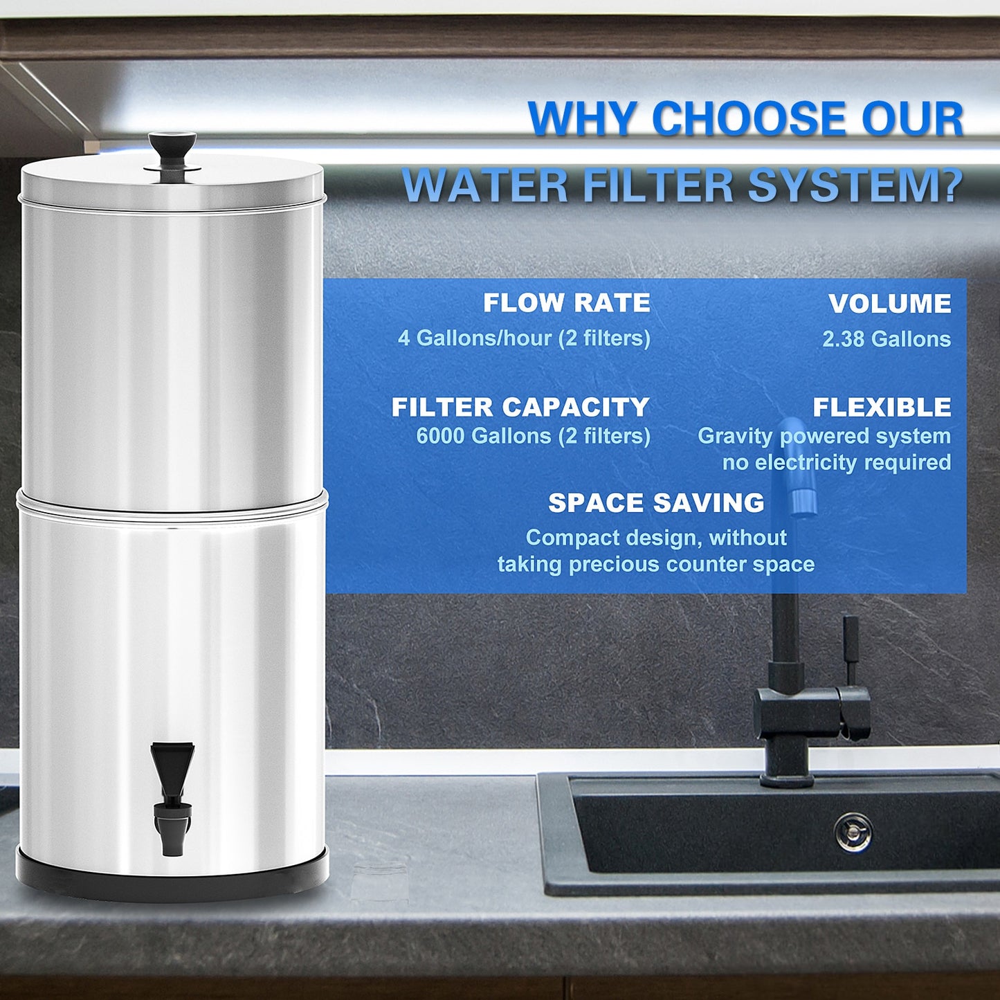 13L Stainless Steel Gravity Water Filter (Bundle) (Pair of PF-2 Fluoride + Black Carbon Filters) (Like Berkey)