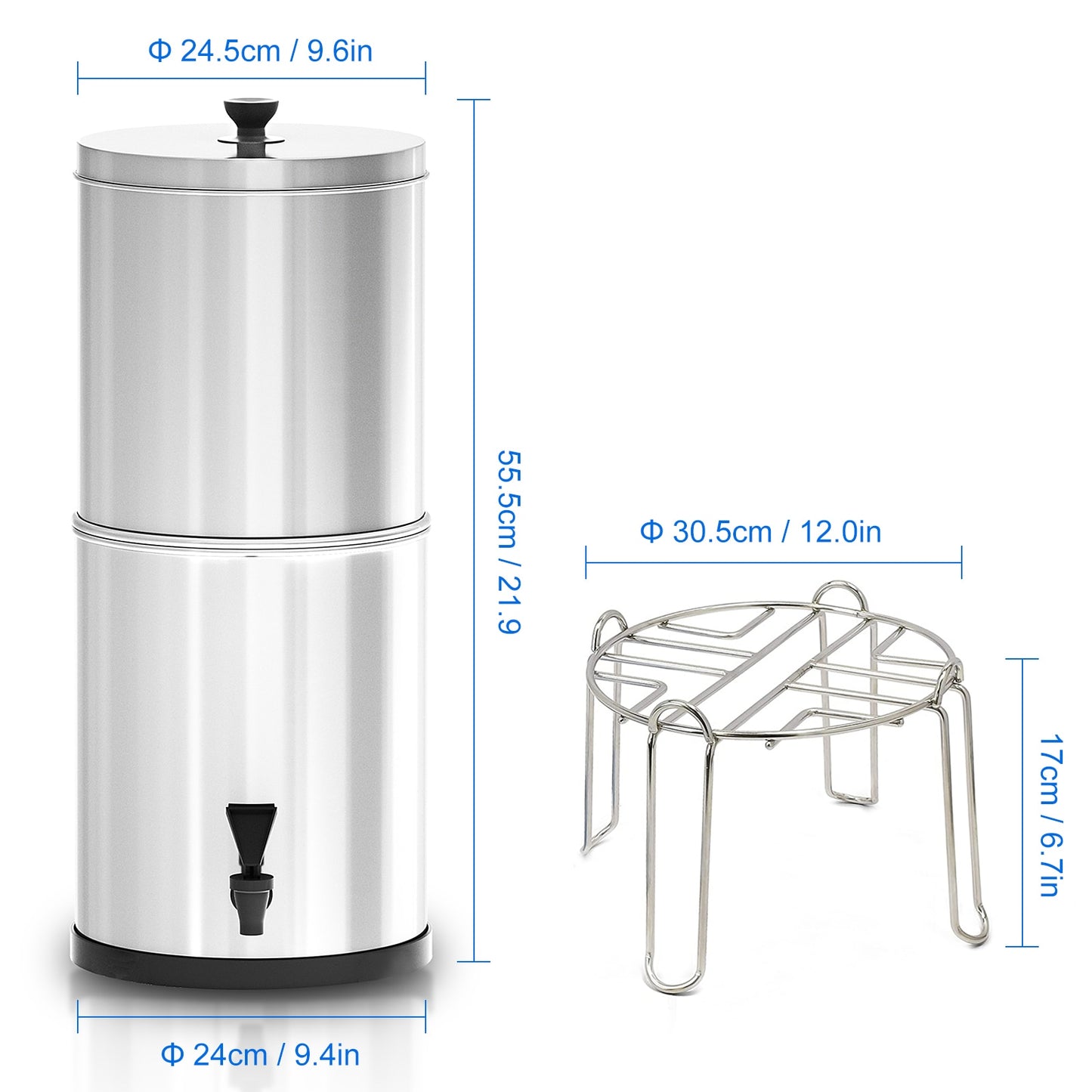 13L Stainless Steel Gravity Water Filter (Bundle) (Pair of PF-2 Fluoride + Black Carbon Filters) (Like Berkey)